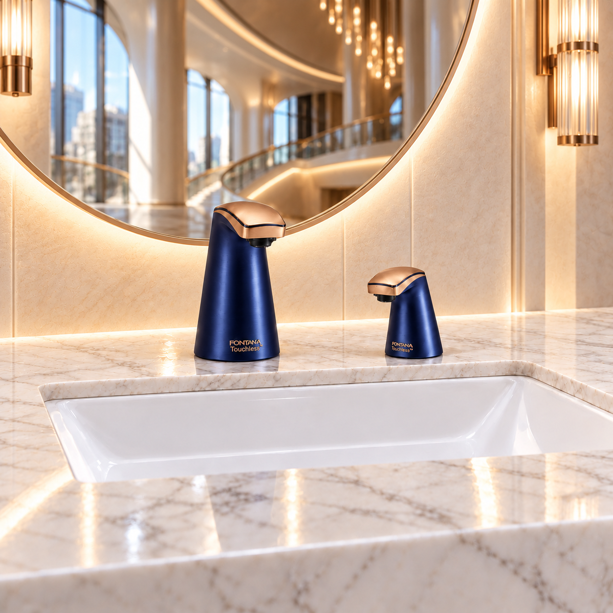 Touchless faucet and soap dispenser arrangements for commercial wash stations